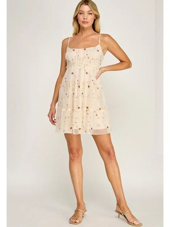 Embroidered Floral Mesh Tiered Dress With Adjustable Spaghetti Straps