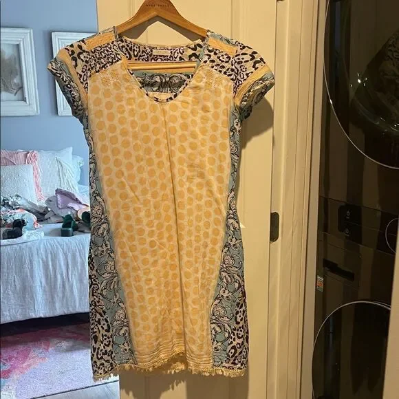 Tan and Blue Patterned Dress