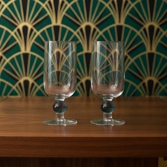 Short Footed Water Goblets Smokey Blue‎ Stem  Set Of 2 Vintage  Elegant