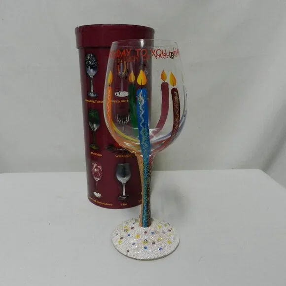 Lolita Happy Birthday Wine Glass Hand Painted Candles Recipe Bottom 15 oz w/ Box