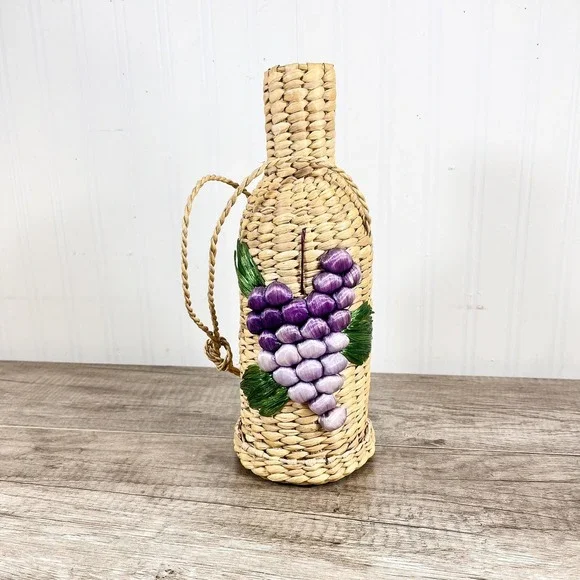 1970s Wine Bottle Holder, Hand-Woven Sea Grass Grapes & Leaves | Boho Bar Decor‎