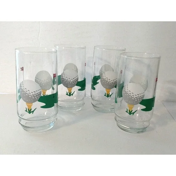 4X Vintage Golf Ball 19th Hole Glasses Glass Set Bar Man cave Glasses NICE!