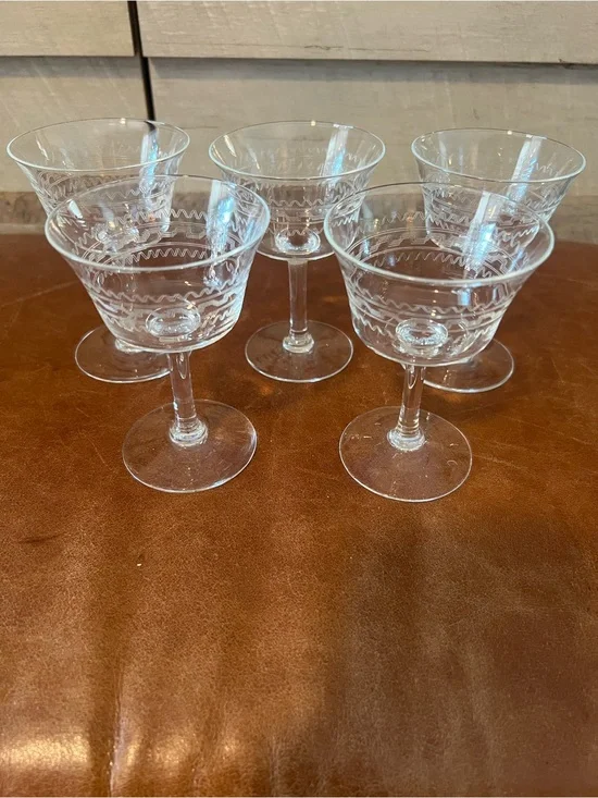 Etched Clear Glass Dessert Coupes - Set of 5