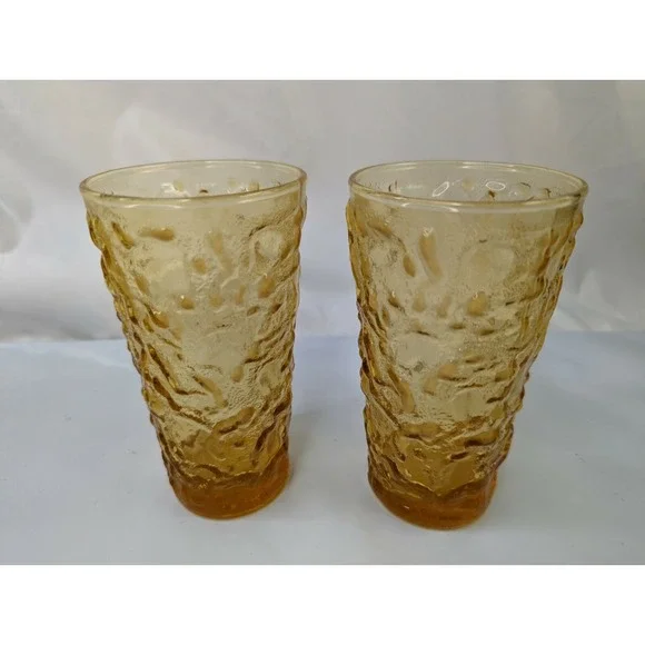 Anchor Hocking Crinkle Amber Glass Cup Tumbler‎ Lot of 2