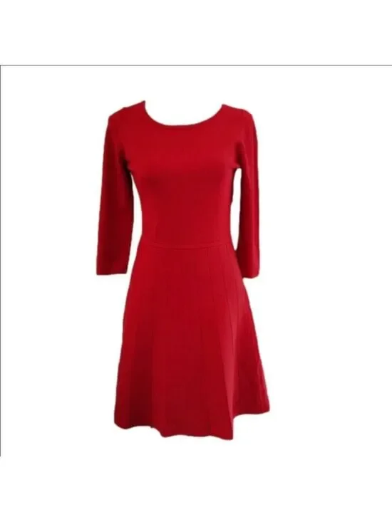 Ann Taylor Red 3/4 Sleeve Scoop Neck Skater Dress Size Medium Petite EUC