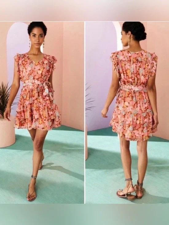 Marie Oliver Thea Ruffled Floral-Print Mini Dress Size Large Metallic Silk Blend