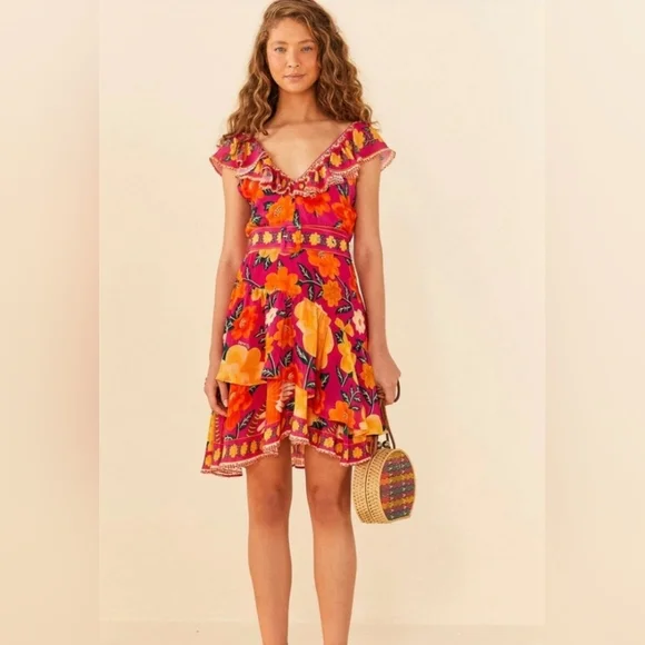 Farm Rio Flowers Tapestry Pink Mini Dress Size Large NWT