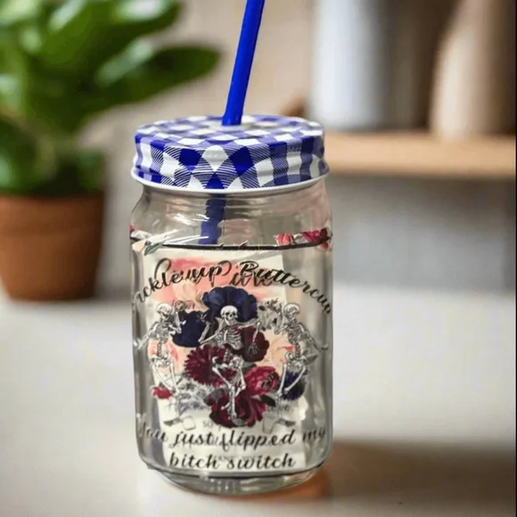 Buckle up buttercup Handmade Blue and White Checkered Mason Jar‎ with Straw