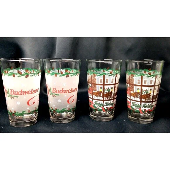 Vintage Budweiser Happy Holidays Clydesdale pint beer glass Set of 4