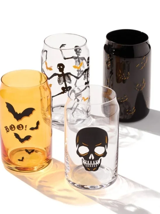 Oneida Vintro Halloween Glass Tumbler Set 4 Clear Black Skull Bat Skeleton NEW