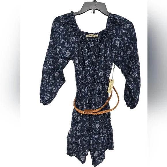 Liberty Love Floral Print Off Shoulder Tiered Casual Dress Braid Belt Size M