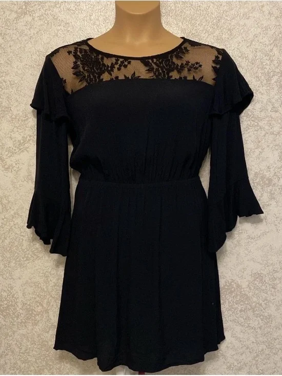 Express Black Floral Lace Yoke Dress with Flared Ruffle Sleeves