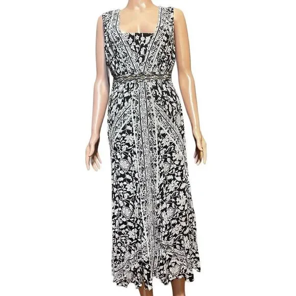 Dressbarn Black White Floral Sleeveless V Neck Back Sequin Waist Maxi Dress