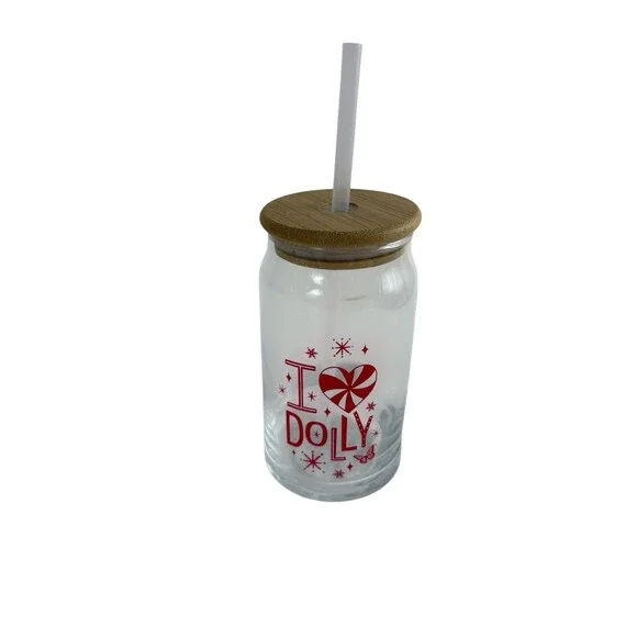 Dolly Parton Holiday Glass  Red “I Love Dolly”  Lid with Straw Peppermint NEW