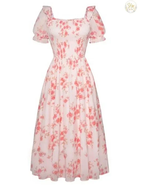 Women's Floral Puff Sleeve Chiffon Midi Dress with Pockets