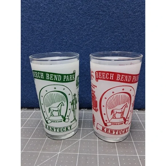 Beech Bend Park Kentucky Souvenir Frosted Glasses Red Green Set of 2