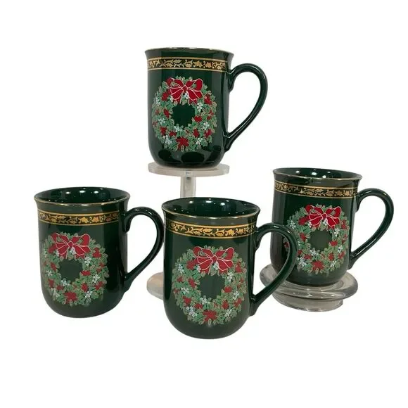 4 Otagiri Mugs Christmas Wreath Coffee Cup Vintage Gibson Japan 10 oz