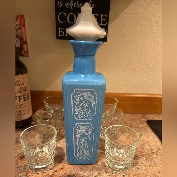 Jim Beam Blue Milk Glass Whiskey  Decanter w/Opal Glass stopper 13” Vintage 1963