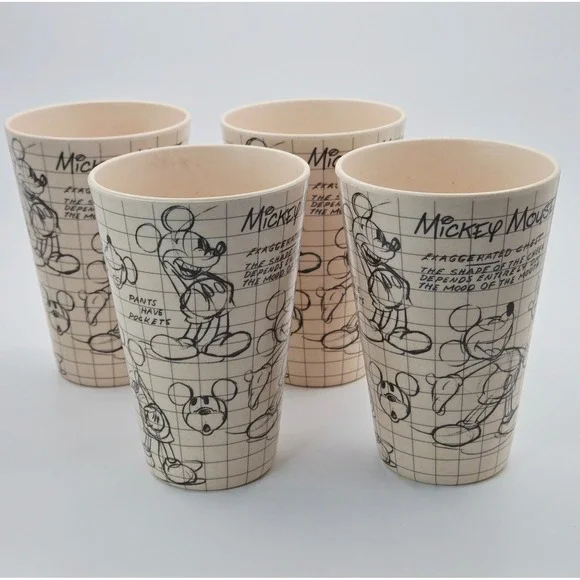 Disney Mickey‎ Mouse Animator Sketch Tumbler Set of 4 Cream Black 6 Inch Cup
