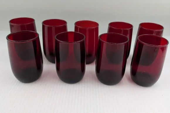 9 Anchor Hocking Royal Ruby Red Roly Poly Small Juice Glasses 3 3/8