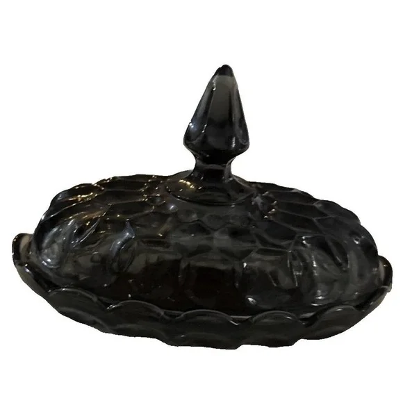 Indiana Glass Exclusives Black gray smokey Thumbprint Butter Dish EUC