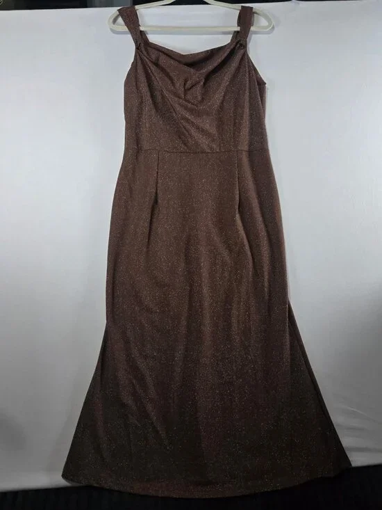 MAKABO Womens Brown Glitter Cowl Neck Maxi Dress Sleeveless Formal Gown Medium