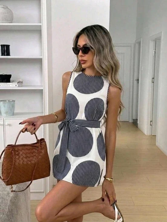 Women's White Polka Dot Round Neck Sleeveless Casual Elegant Mini Dress