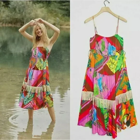 NWT ANTHROPOLOGIE FARM RIO SzM PALILA SPAGUETTI STRAPS FRINGED MIDI DRESS