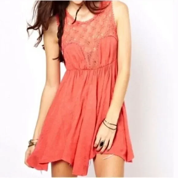 Free People Size XS Fiesta Coral Pink Crochet Lace Boho Sleeveless Mini Dress