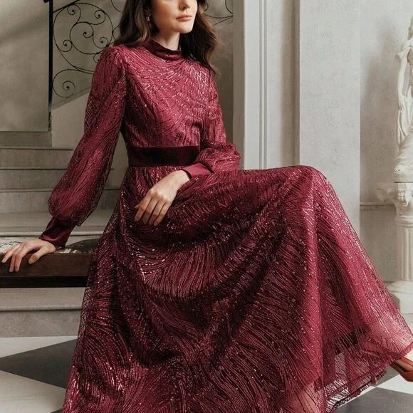 Burgundy Elegant Women's Sequin Velvet Patchwork Waist Dress