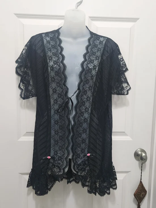 Elegant Black Lace Kimono Robe with Tie-Front
