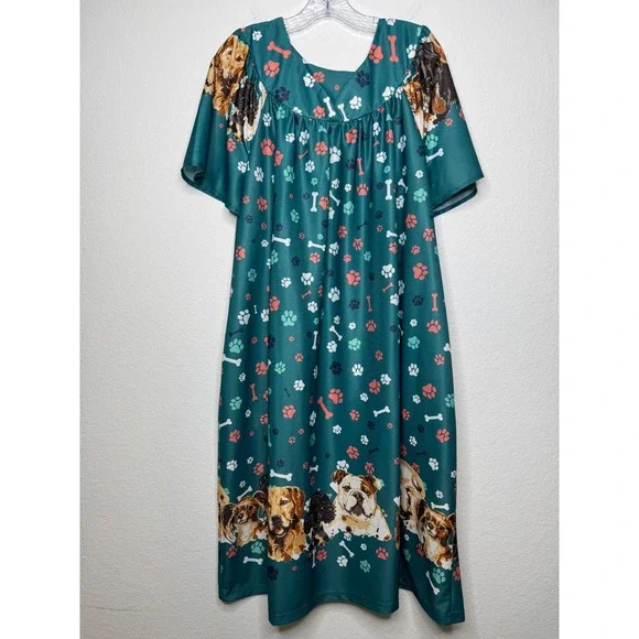 Anthony‎ Richards Dog Print Nightgown Muumuu House Dress Teal Green Plus Size 1X