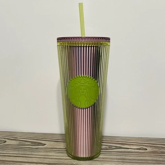 Starbucks Venti Tumbler Iridescent Green Siren Logo Cold Drinks with Straw NEW