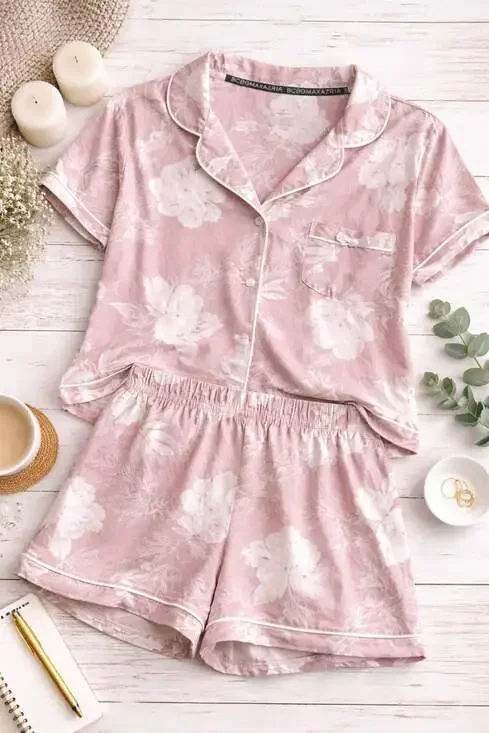 BCBGMaxAzria Women's 2-Piece Short Sleeve Notch Collar Pajama Set, Mauve Floral