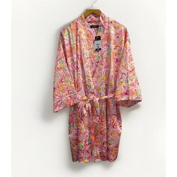 Lauren Ralph Lauren Women's Size L Satin Paisley Print‎ Robe Pink Belted Pockets
