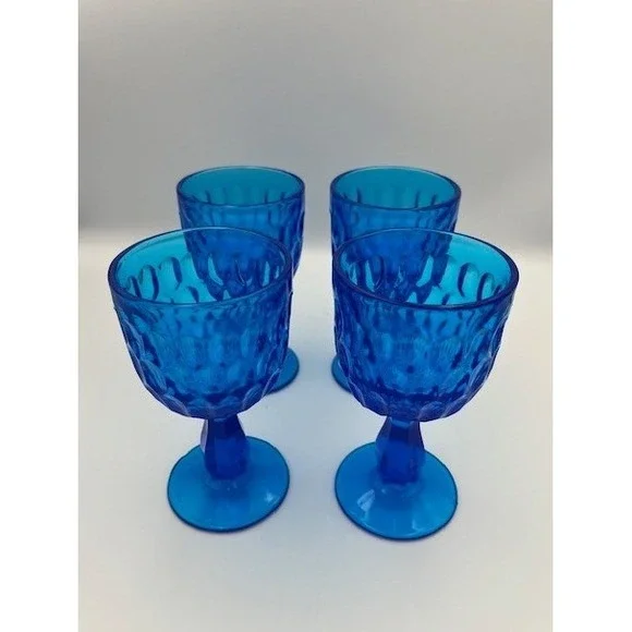 Fenton Vintage Cobalt Blue Thumbprint Water Wine Goblets Set of 4 Pedestal Glass