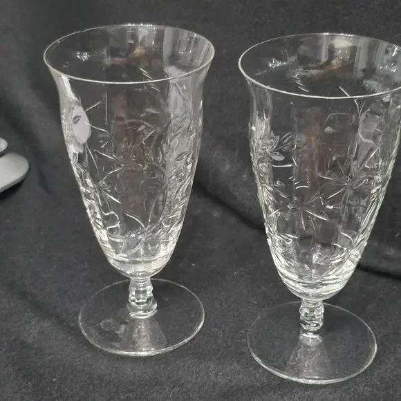 Vintage Bryce Fern Leaf #894 Etched Water Goblets Set of 2 Blown Glass USA