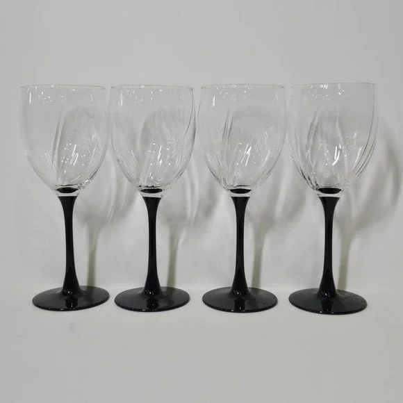 Vintage Cristal d'Arques Durand Astra Goblets Set 4 Black Stem Optic Swirl