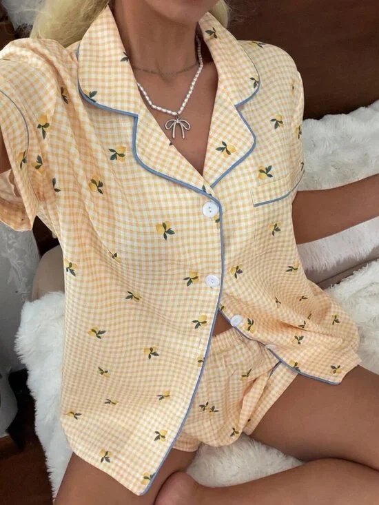 Yellow Women's Lemon Plaid Print Button-Front top & Shorts Pajama Set