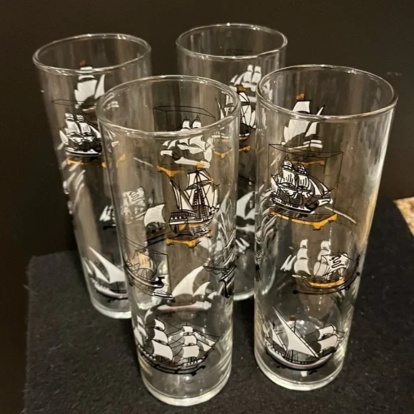 Vintage Libbey Nautical Tall Ship Design Hi Ball Glasses Set of 4