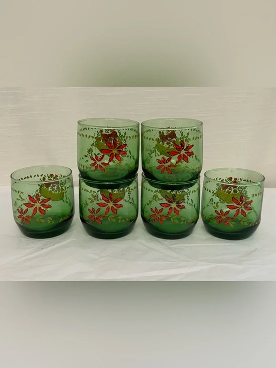Vintage Green Glass Tumblers with Red Floral and Basket Motif - Set of‎ 6