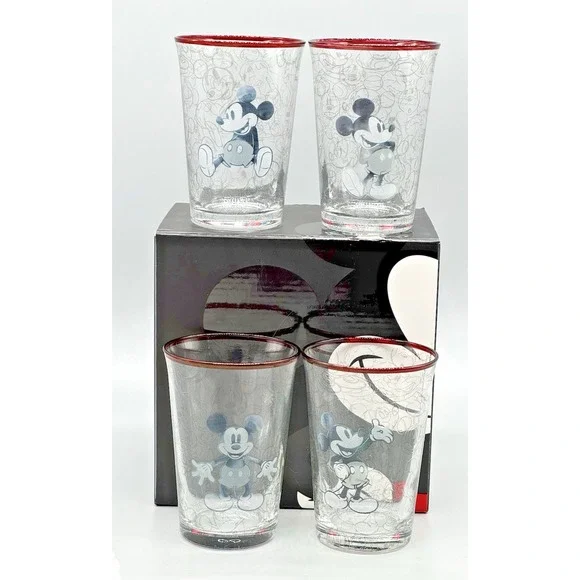 Pottery Barn Disney Mickey‎ Mouse Glass Tumblers Set of 4 Black White