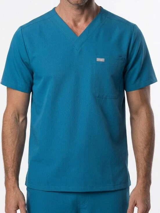 Figs Mens Leon V-Neck Short Sleeve Carribean Blue Scrub Top Size L