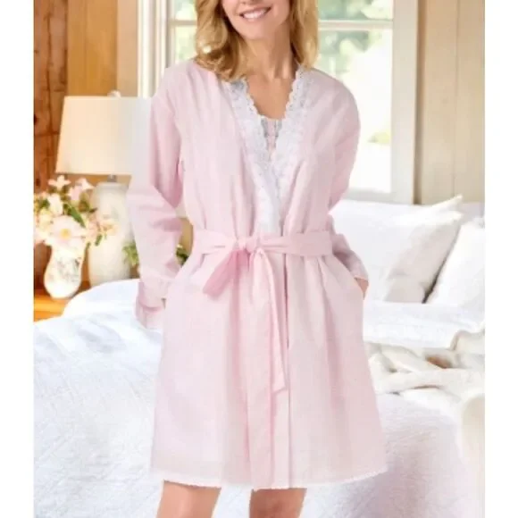 Eileen West Robe Eyelet Trim Wrap Gingham Pink‎ White 2X