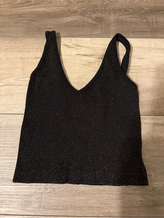Free People Black Metallic Ribbed V-Neck Tank