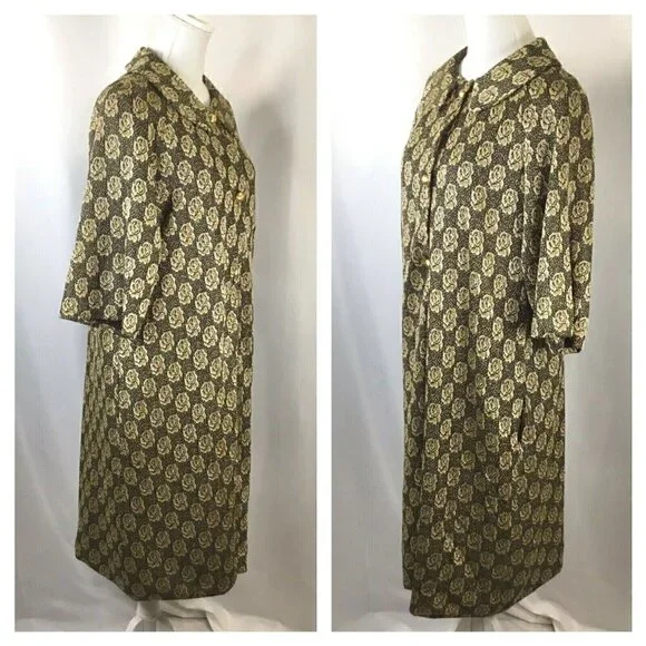 Vtg Dressing Gown Timely Fashions Womens Sz 14 Kimono Robe Gold Black 3/4 Sleeve