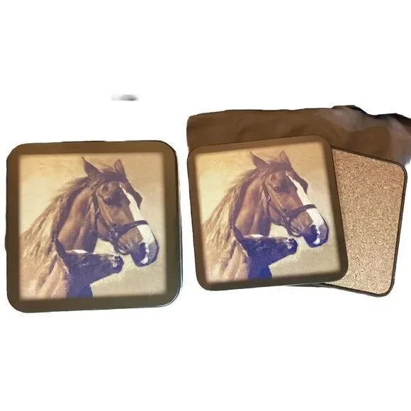 Coasters Foal Mare Horse Cork Back Equestrian Art Decor Set of 4 In Tin Box‎