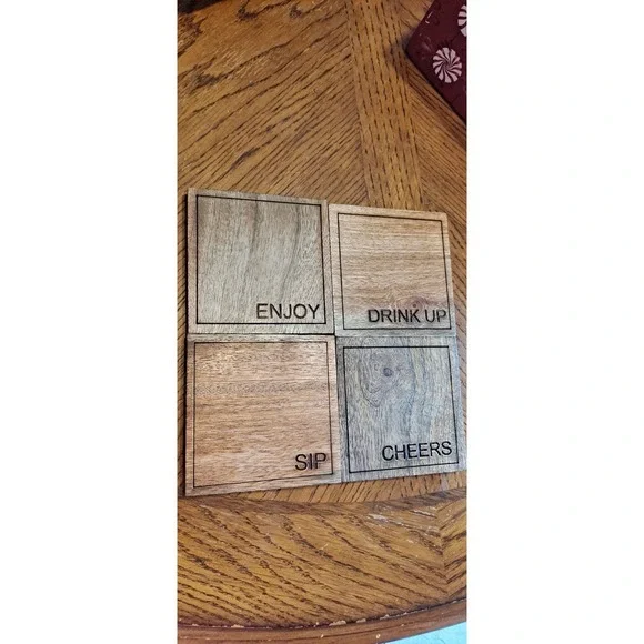 4 Wooden Coaster Set, Enjoy,‎ Drink Up, Sip, Cheers