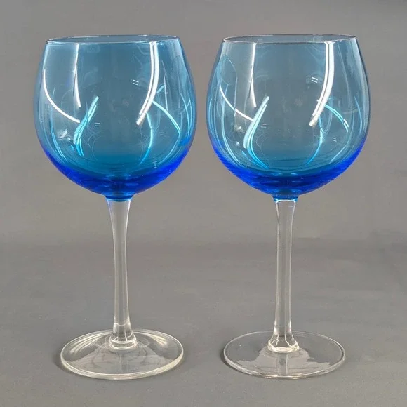 Set of 2 Blue Balloon Wine Glasses Clear Stem 8.75