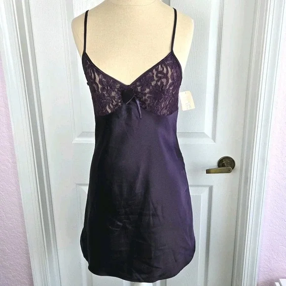 California Dynasty Vtg‎ Purple Satin Lace Nightgown Chemise Size S Slip Lingerie